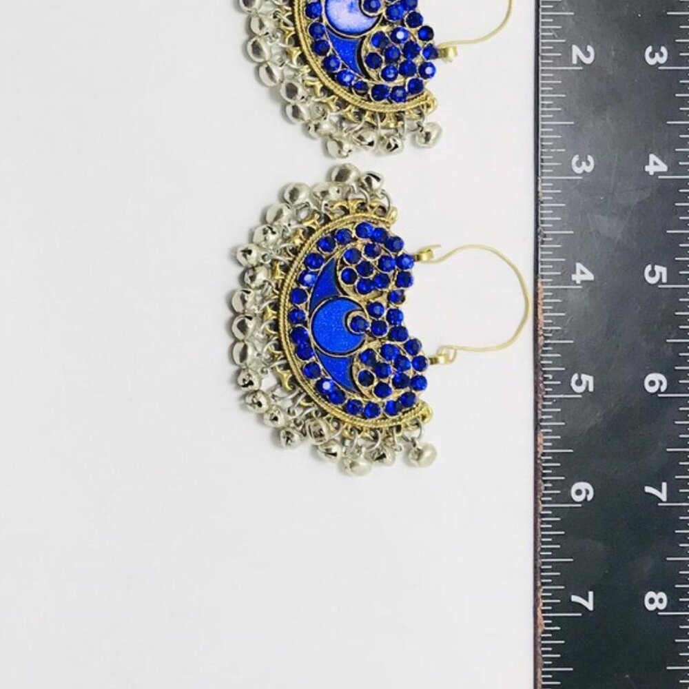 Blue Glass Stone Chandbali Earrings: Silver Kuchi Tribal Bell Hoops - Picture 5 of 6